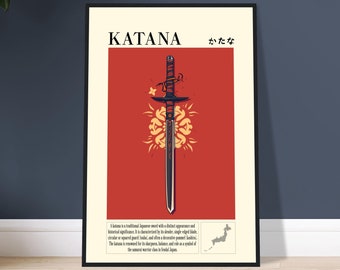 Katana Poster Samurai Sword Japanese Samurai Katana Print Anime Style Ukiyo-e Sword Wall Art Lounge Bedroom Home Office Decor Gift Framed