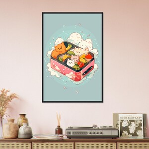 May include: A pink and white bento box with a cloud-like design, filled with colorful vegetables and four cartoon cats. The box is surrounded by a light blue background with white dots.
