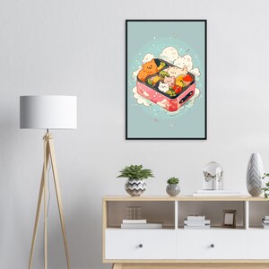 May include: A digital illustration of a pink and white bento box with a variety of colorful vegetables and cute cartoon cats inside. The box is surrounded by a white cloud and pink flower petals on a light blue background.