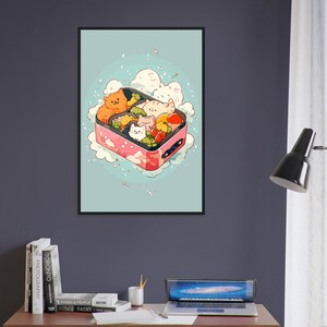 May include: A pink and black bento box with a white lid filled with small cats and vegetables. The box is floating in the air with white clouds around it.