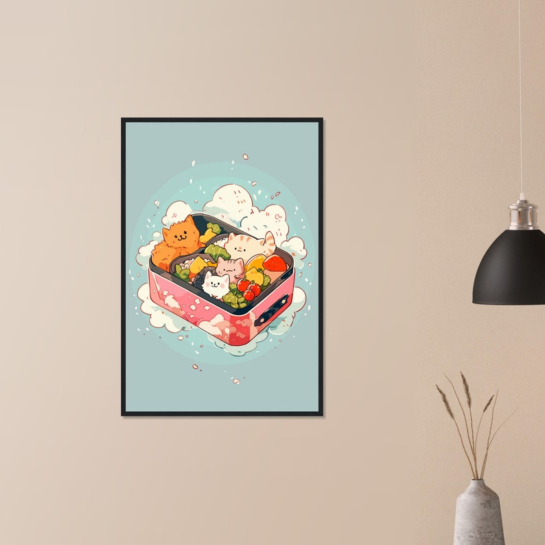 May include: A pink bento box with a cloud-like lid filled with cartoon cats and various food items, including vegetables and fruit. The box is surrounded by white clouds on a light blue background.