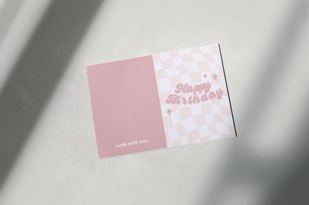 Retro Checkered Birthday Card: Pink Party Printable (10x7 Inches ...