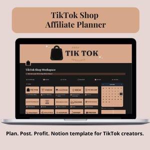May include: A laptop screen displaying a TikTok Shop Affiliate Planner Notion template. The interface features a dark theme with tan accents, including sections for videos, calendar, ideas, to-do list, finances, income, analytics, and trends.