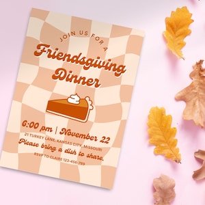 Friendsgiving Invitation Template, Pumpkin Pie, Trendy Retro Checkered, Customizable Canva Template, Friendsgiving Thanksgiving Invite