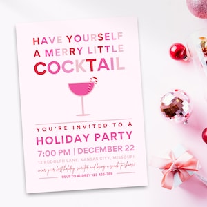 Sjabloon voor uitnodiging voor vakantiefeest, heb een vrolijke kleine cocktail, trendy roze en rode uitnodiging voor kerstfeest