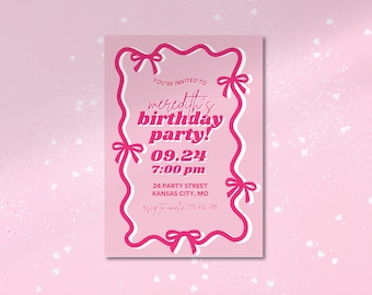 Bow and Wavy Border, Trendy Birthday Party Invitation Template, Customizable, Pink, Canva Template