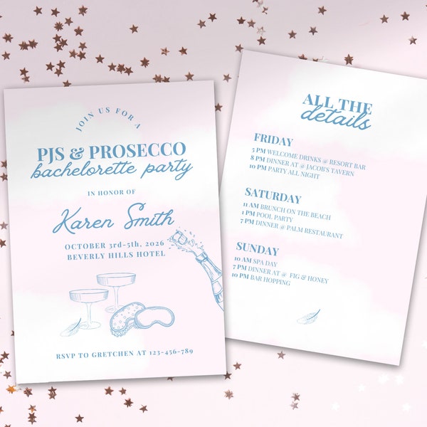 PJs and Prosecco Bachelorette Party Invitation and Itinerary Template, Pajamas and Prosecco Bachelorette Party Invitation and Itinerary