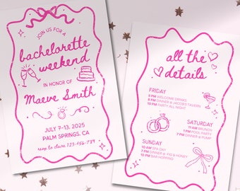 Bachelorette Weekend Invitation and Itinerary Template, Trendy Hand-Drawn Style, Customizable Canva Template for Bachelorette Party, Pink