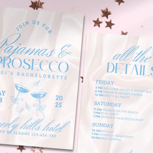 Plantilla de invitación e itinerario para despedida de soltera con pijamas y prosecco. Tema de despedida de soltera con pijamas y prosecco.