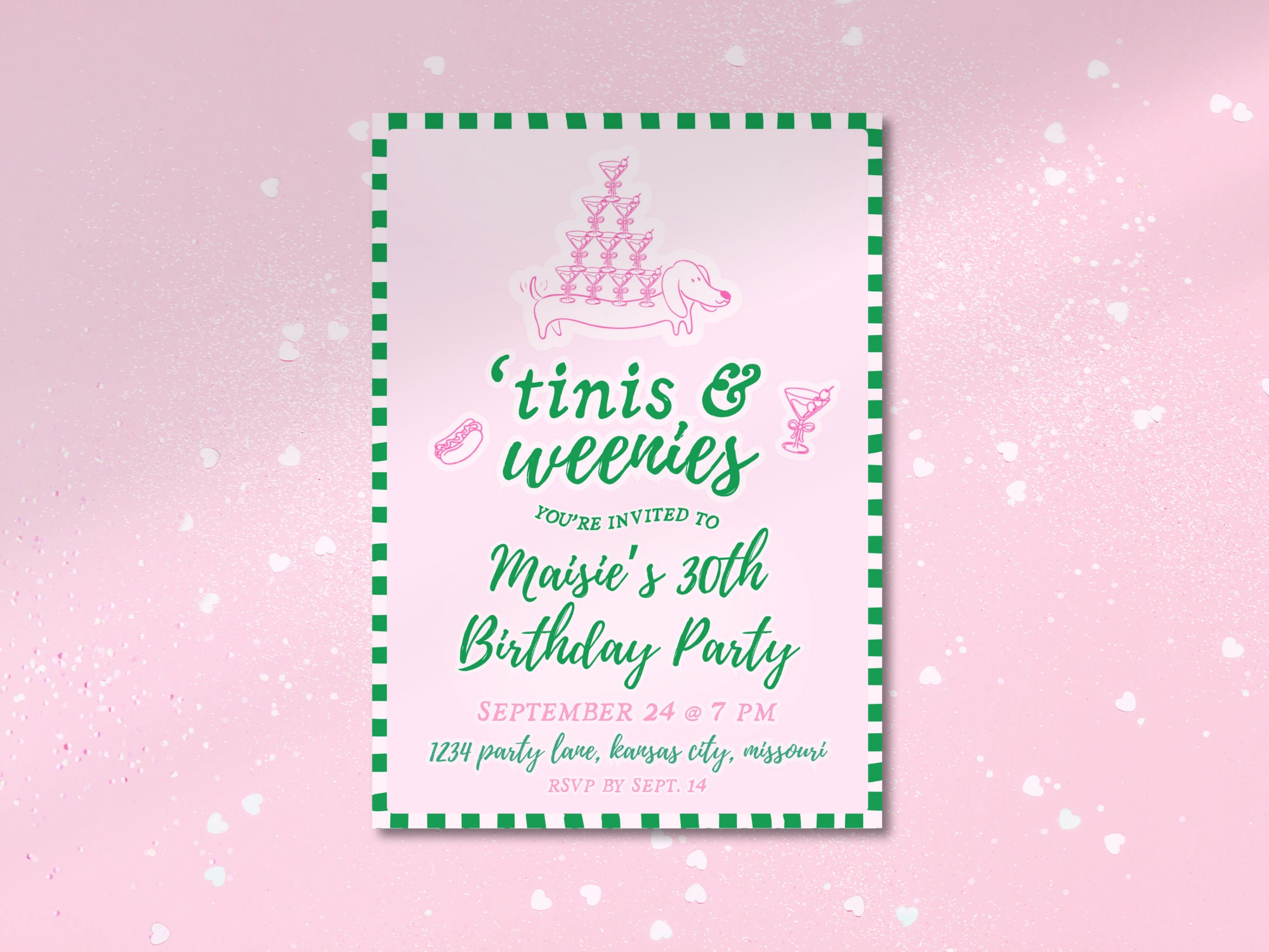 Tinis and Weenies, Dachshund Birthday Invitation Template: Pink & Green Martinis (Digital Download)