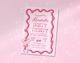 Dirty Thirty Birthday Invitation Template: Dirty Shirley Pink & Red Cherries Design (Digital Download)