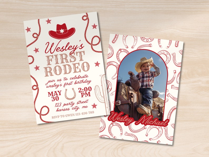 First Rodeo 1st Birthday Invitation: Red Cowboy Theme (digital Download ...