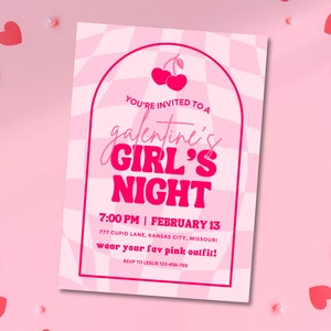 Galentine's Girls Night Invitation Template, Galentine's Invite, Pink and Red Cherries, Checkered Background, Customizable Canva Template