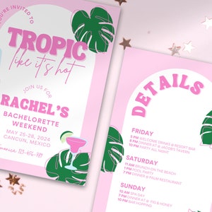 Tropic Like It's Hot Bachelorette Party Customizable Invitation and Itinerary Template, Tropical Bachelorette Party Invitation and Itinerary