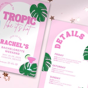 Tropic Like It&#39;s Hot Bachelorette Party Customizable Invitation and Itinerary Template, Tropical Bachelorette Party Invitation and Itinerary