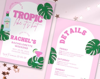 Tropic Like It's Hot Bachelorette Party Customizable Invitation and Itinerary Template, Tropical Bachelorette Party Invitation and Itinerary