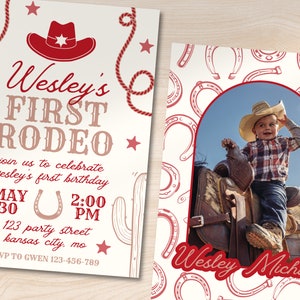 First Rodeo, First Birthday Party Invitation Template, Red Cowboy Theme, Customizable Canva Template, 1st Birthday, Western Theme