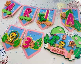 dinosaur girl  cake topper - banner kit party - Dino girl cake topper - Dinosaur birthday banner- pink dinosaur birthday