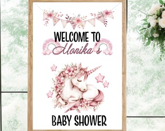 Unicorn girl baby shower welcome sign