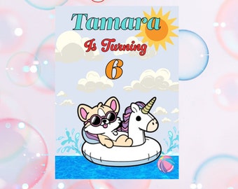 corgi pool party birthday invitation - Pool birthday - Swimming birthday - Happy birthday in the pool