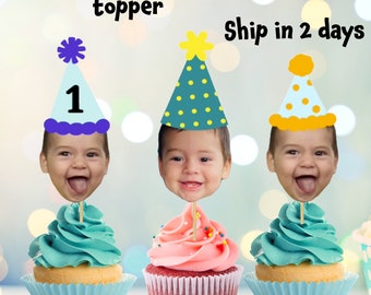 baby face with  custom hat cupcake topper - Double sided custom face toppers.