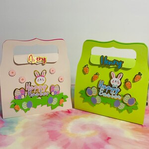 Easter bunny art favor boxes with name - Personalized easter treat boxes - Easter gift- bunny favor boxes - Easter gable box