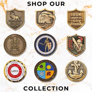 May include: A collection of bronze-colored coins and shields with various designs and text. The designs include a lion, an eagle, a knight, and an anchor. The text includes phrases like "Stand Firm" and "Armor of God."