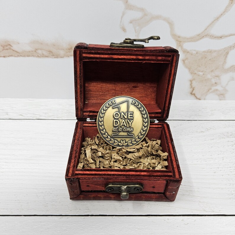One Day at a Time Coin, Sobriety Gift for Men & Women, Serenity Prayer Token, Recovery Keepsake, Inspirational Chip, 12 Step AA NA Medallion Treasure Box (+7.99)