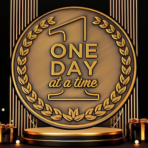 Op de afbeelding: Een goudkleurige munt met de tekst "ONE DAY at a time" in een decoratief lettertype. De munt is omgeven door een lauwerkrans en staat op een goud-zwart podium. Twee geschenkdozen met gouden linten staan aan weerszijden.