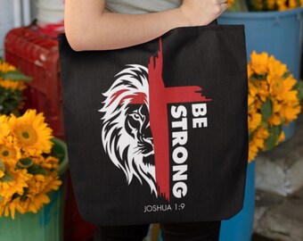 Lion & Cross Christian Tote Bag - Joshua 1:9 Inspirational Gift