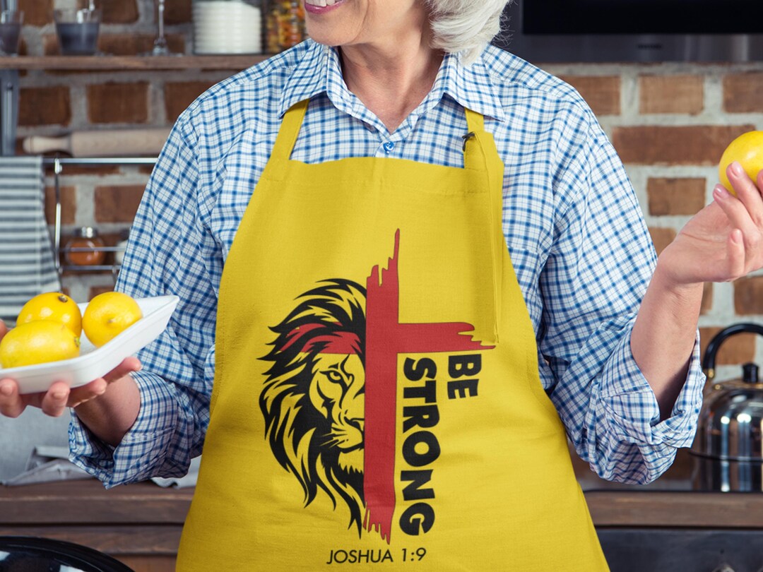 Be Strong Christian Yellow Apron | Lion and Cross Faith Cooking Apron ...