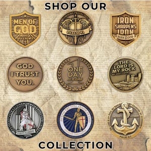 May include: A collection of bronze-colored religious coins with various designs and text. The coins feature phrases like "God is My Protection," "God I Trust You," and "The Lord is My Rock." The image also includes the text "Shop Our Collection."