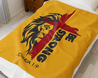 Be Strong Christian Blanket | Lion & Cross Velveteen Throw | Joshua 1:9 Bible Verse Blanket | Faith Gift | Inspirational Christian Decor