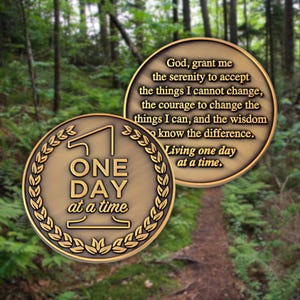 May include: Two bronze-colored challenge coins. One coin features the text "ONE DAY at a time" within a laurel wreath. The other coin has an inscription: "God, grant me the serenity to accept the things I cannot change..." and "Living one day at a time."