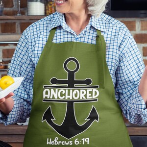 Anchored Christian Olive Green Apron | Hebrews 6:19 Scripture Apron | 5 Strap Colors | Faith Cooking Gift for Kitchen, BBQ, Baking, Holidays