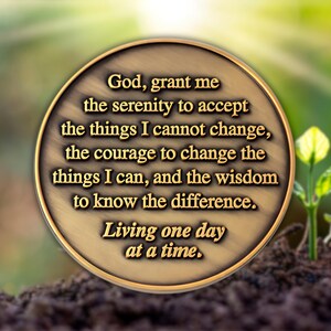 May include: A round, bronze-colored coin with a quote in black text: "God, grant me the serenity to accept the things I cannot change... Living one day at a time." The coin is set against a blurred green and brown background.