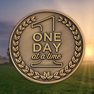 May include: A bronze-colored coin with the words "ONE DAY at a time" in bold lettering. The coin is encircled by a laurel wreath and features a stylized house icon. The background shows a green field and a sunset.
