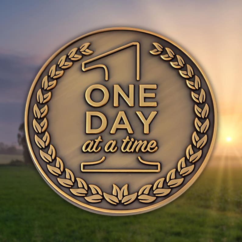 May include: A bronze-colored coin with the words "ONE DAY at a time" in bold lettering. The coin is encircled by a laurel wreath and features a stylized house icon. The background shows a green field and a sunset.