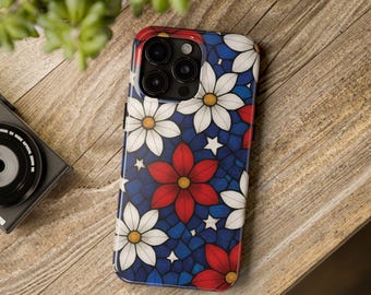 Stained Glass USA Flagge iPhone Hülle: Rot, Weiß, Blau mit Blumen, patriotischer amerikanischer Stolz