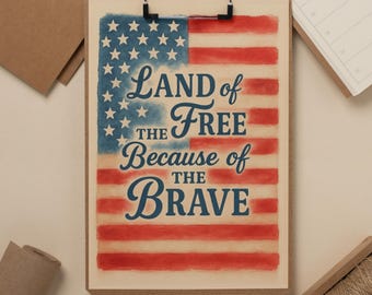 Patriotic Watercolor Flag Print: Land of the Free, 4th of July Decor (Digital Download 8.5x11)