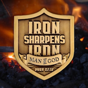 Iron Sharpens Iron Challenge Coin | Christian Faith Based Gift for Men, Bible Verse Man of God Shield Reminder, Proverbs 27 Keepsake for Dad