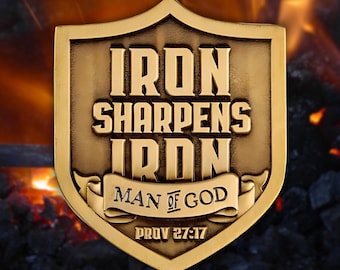 Iron Sharpens Iron Challenge Coin | Christian Faith Based Gift for Men, Bible Verse Man of God Shield Reminder, Proverbs 27 Keepsake for Dad
