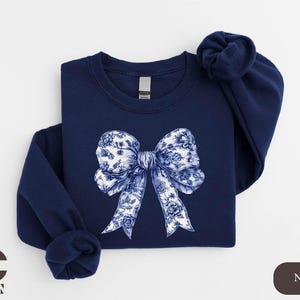 Toile De Jouy Coquette Bow Sweatshirt, Blue Ribbon Sweater, Girly Aesthetic Crewneck, Blue Toile Bow Shirt, Women Sweatshirt, Gift for Her