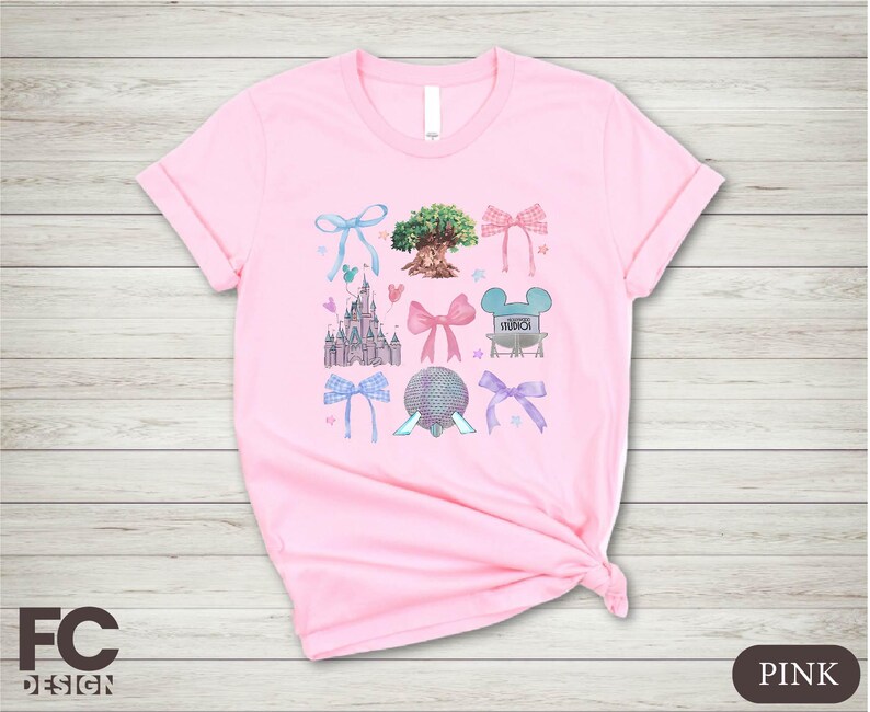a pink tshirt with a picture of minnie mouse and other items