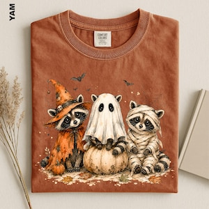 May include: A rust-colored crew neck t-shirt featuring a graphic of three raccoons in Halloween costumes. One raccoon wears an orange witch hat, one is draped in a white ghost sheet sitting on a pumpkin, and one is wrapped in white mummy bandages.