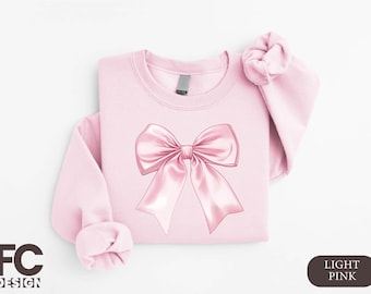 Pink Bow Sweatshirt, Girly Coquette Shirt, Women Pink Bow Gift, Pink Ribbon Tee, Girly Women Shirt, Valentines Coquette Shirt, Gift for Her