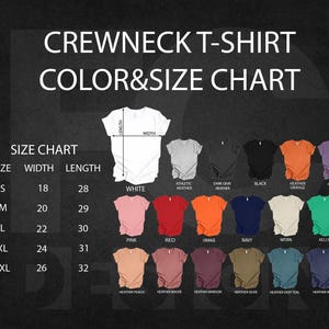 The image is a color and size chart for a crewneck t-shirt. It displays various crewneck t-shirt designs in different colors and sizes, along with their corresponding measurements.