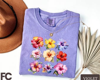 Hibiscus Flower Shirt, Tropical Floral Tee, Hawaii Vacation Tee, Summer Vibes T-Shirt, Gift for Her, Floral Comfort Colors T-Shirt