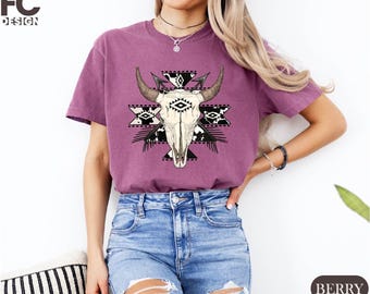 Boho Cow Skull Shirt, Western Bull Skull Shirt, Cowgirl Shirt, Country Shirt, Cowboy Shirt, Western Animal Shirt, Western Aztec Bull Shirt