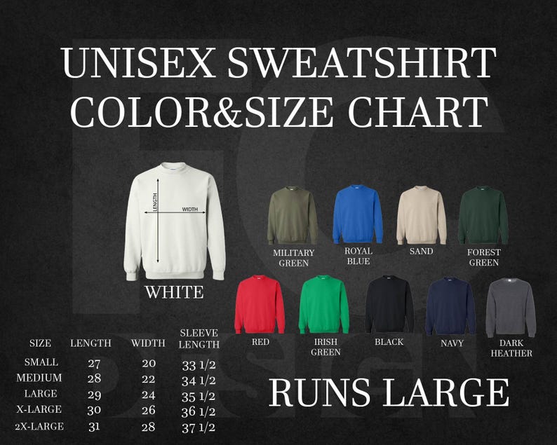 an image of a sweatshirt with colors and sizes
